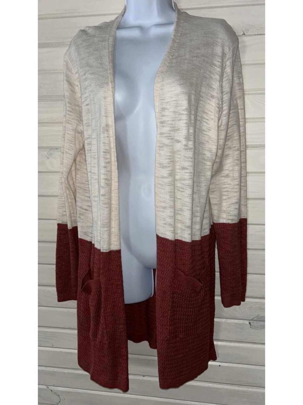 NWT Maurices Sz LARGE Colorblock Open Front Cardigan Sweater Pockets Burgundy